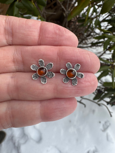 Amber flower post earrings