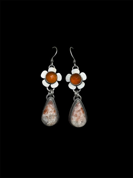 Carnelian and Indian sandstone flower earrings