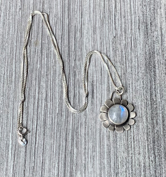 ) Rainbow moonstone flower and silver pendant