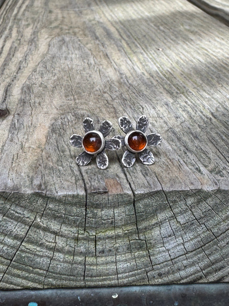 Amber flower post earrings