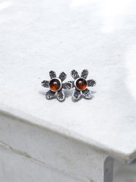 Amber flower post earrings