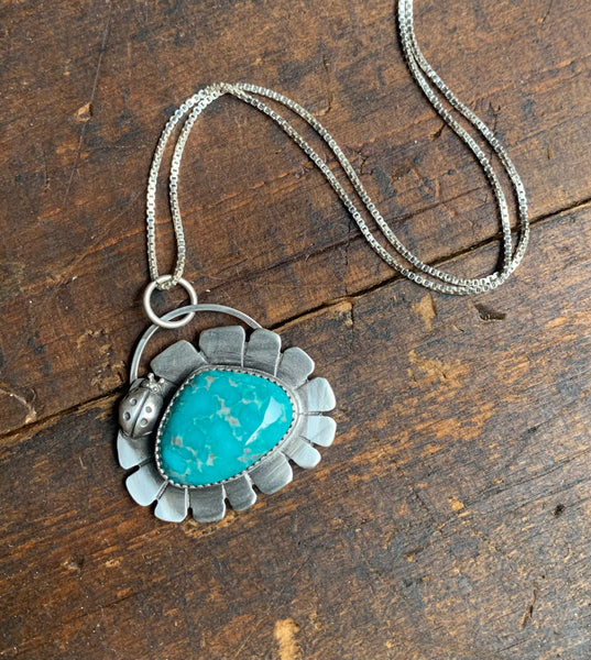 Kingman Turquoise flower and silver pendant