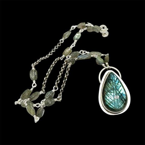 Carved Labradorite silver pendant with handmade chain