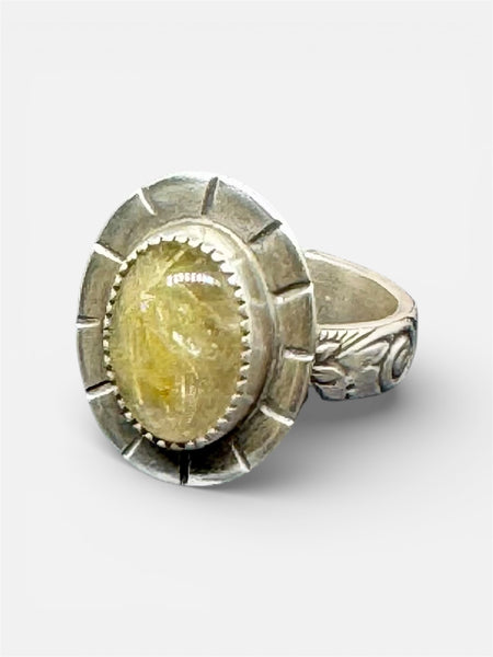 Golden rultilated quartz ring