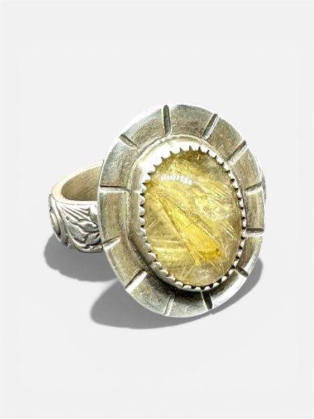 Golden rultilated quartz ring