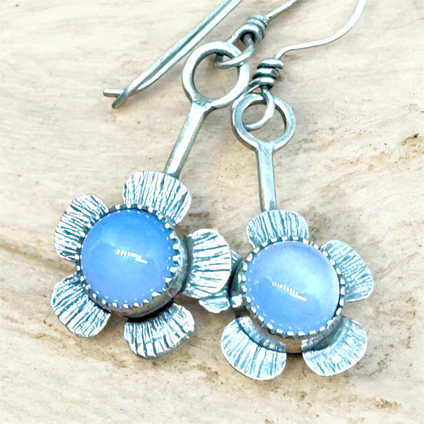 Blue chalcedony flower dangle earrings