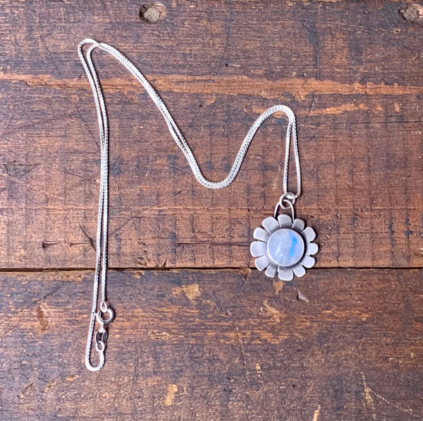 ) Rainbow moonstone flower and silver pendant