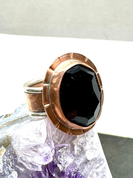 Black onyx, copper and silver ring