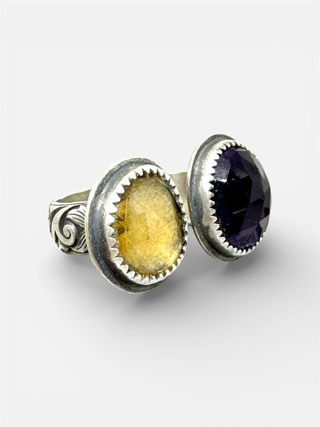 Amethyst and citrine double silver ring