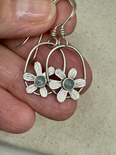 Aquamarine flower dangle earrings with silver circle