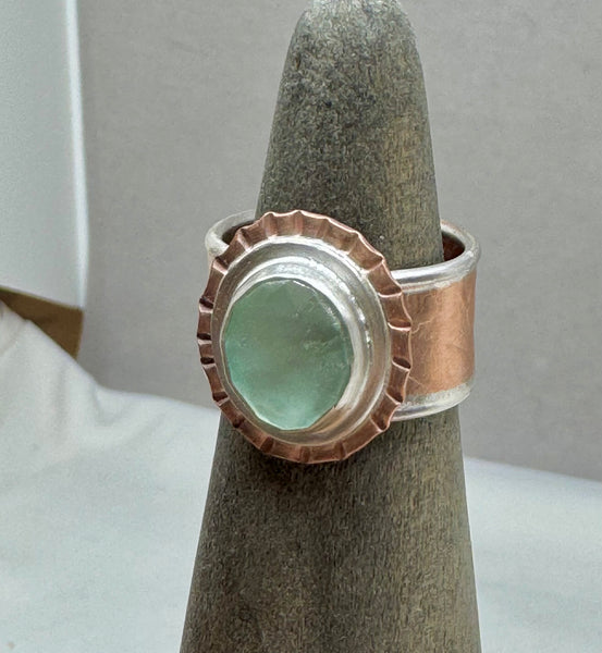 Fluorite, copper and silver ring