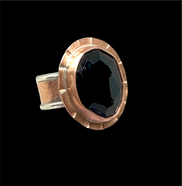 Black onyx, copper and silver ring