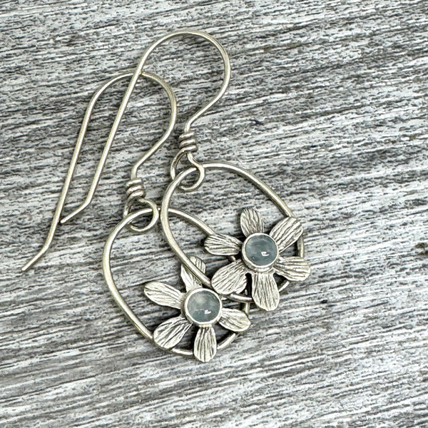 Aquamarine flower dangle earrings with silver circle