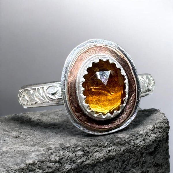 Citrine, copper and silver ring