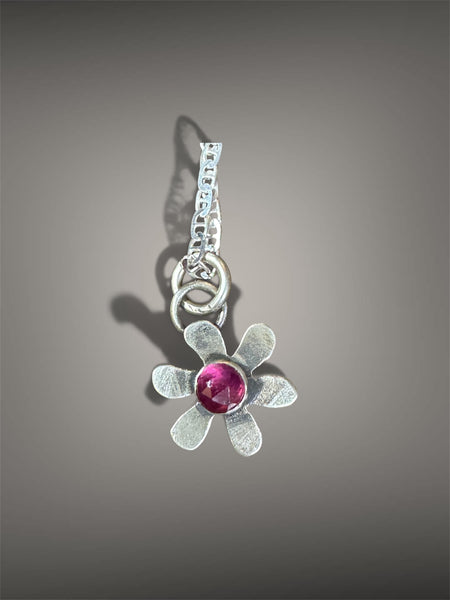 Tiny pink sapphire flower (blue chalcedony) pendant