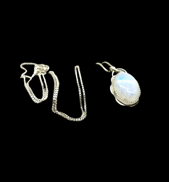 Rainbow moonstone and silver pendant
