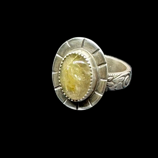 Golden rultilated quartz ring