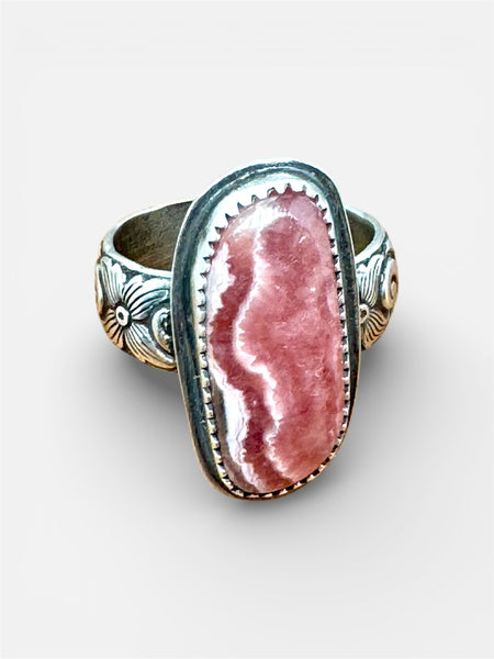 Rhodochrosite and silver ring