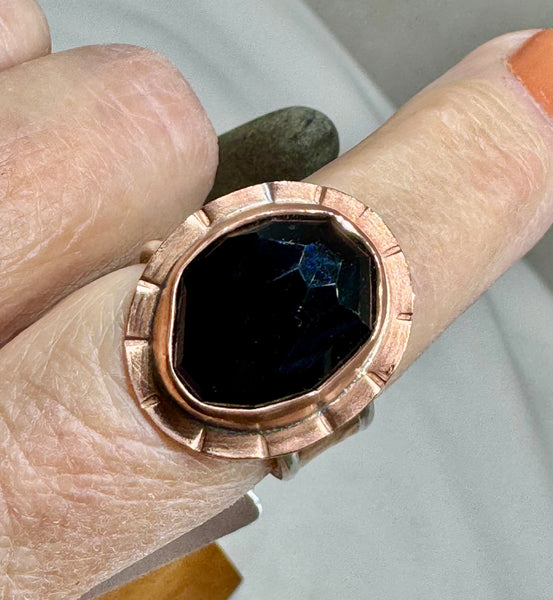 Black onyx, copper and silver ring