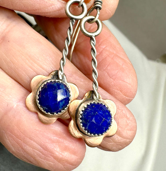 Lapis Copper and sterling dangle earrings