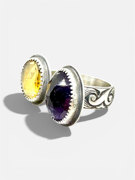 Amethyst and citrine double silver ring