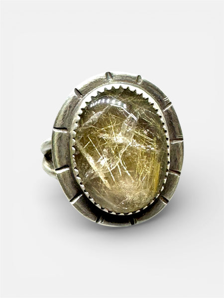 Golden rultilated quartz ring