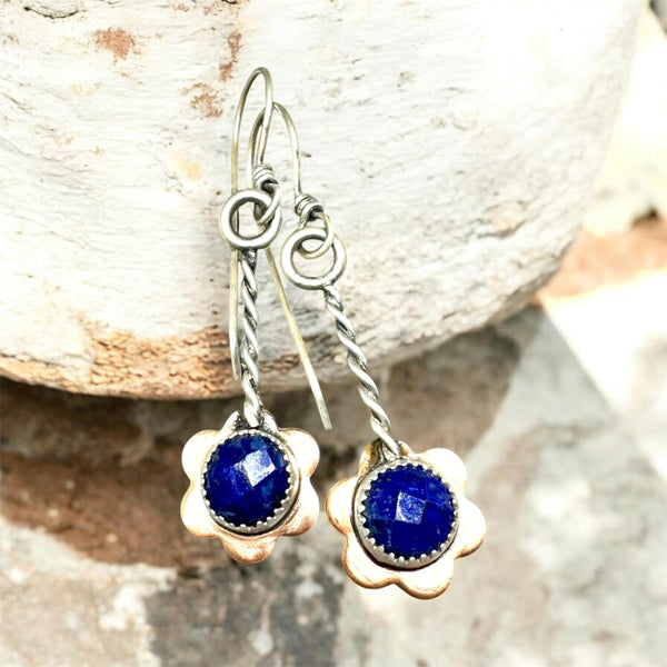 Lapis Copper and sterling dangle earrings