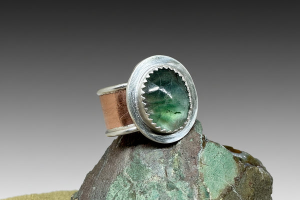 Fluorite, copper and silver ring