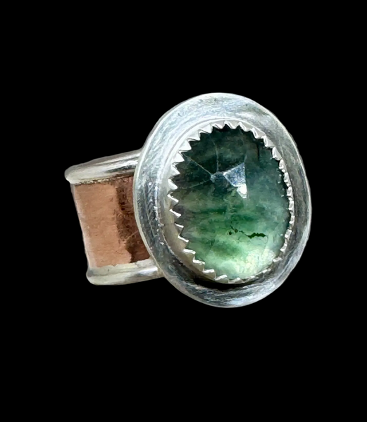 Fluorite, copper and silver ring