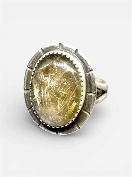 Golden rultilated quartz ring