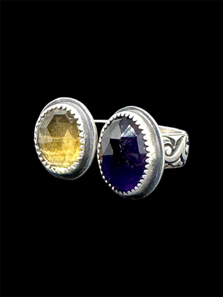 Amethyst and citrine double silver ring