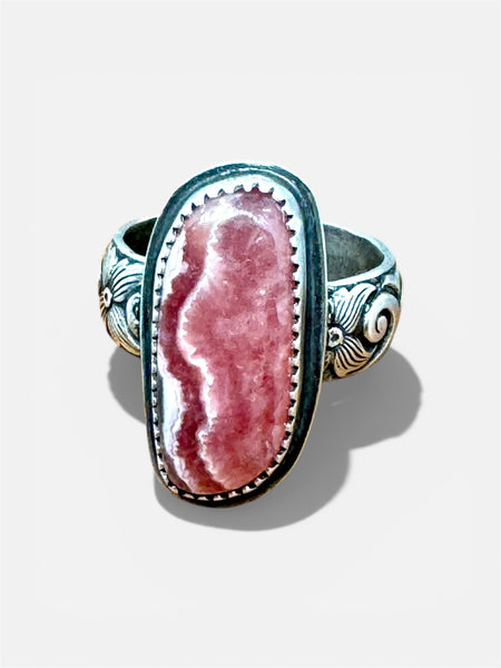 Rhodochrosite and silver ring