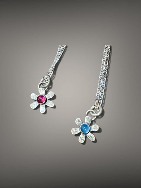 Tiny pink sapphire flower (blue chalcedony) pendant