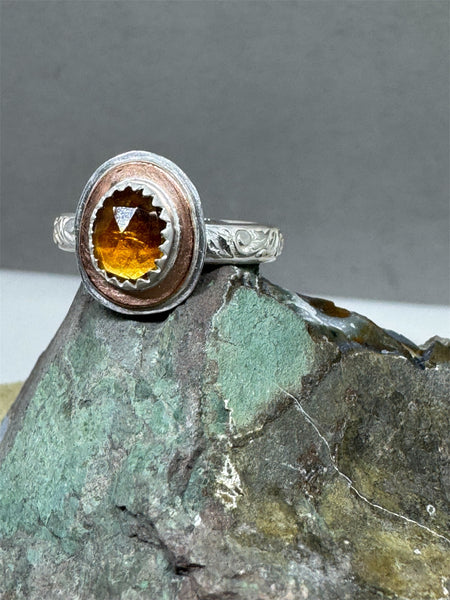 Citrine, copper and silver ring