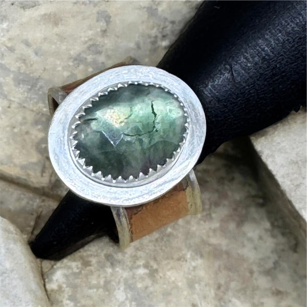 Fluorite, copper and silver ring