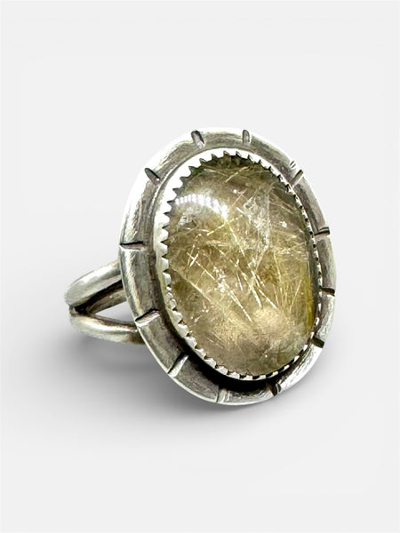 Golden rultilated quartz ring