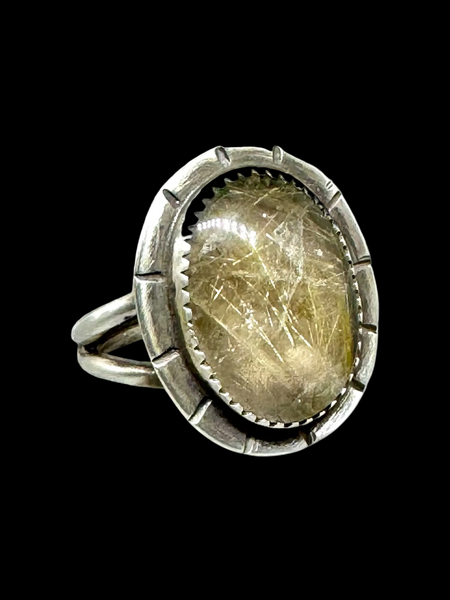 Golden rultilated quartz ring