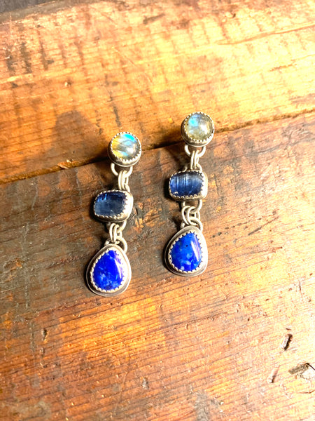 Triple stone earrings lapis blue kyanite labradorite