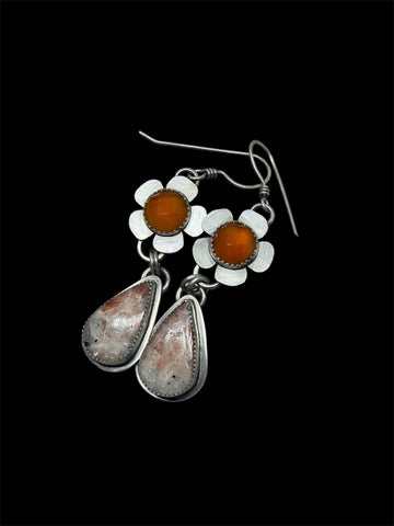 Carnelian and Indian sandstone flower earrings