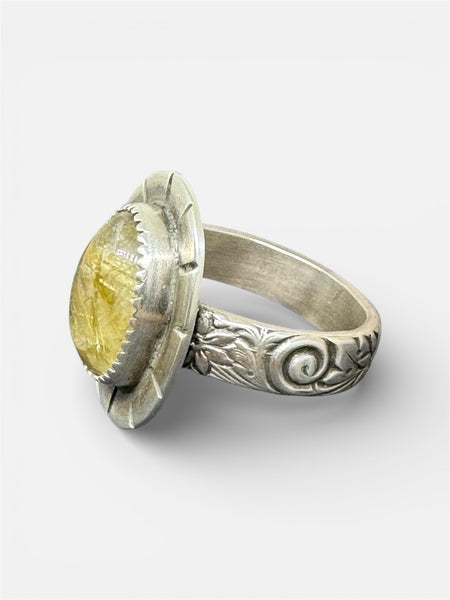 Golden rultilated quartz ring