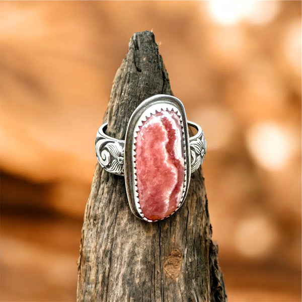 Rhodochrosite and silver ring