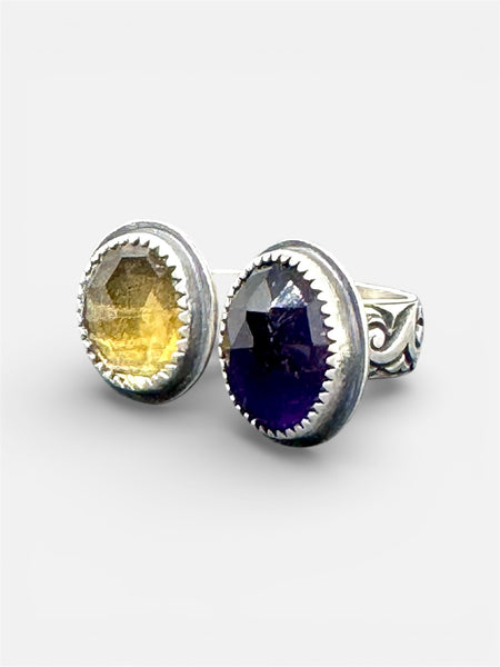 Amethyst and citrine double silver ring