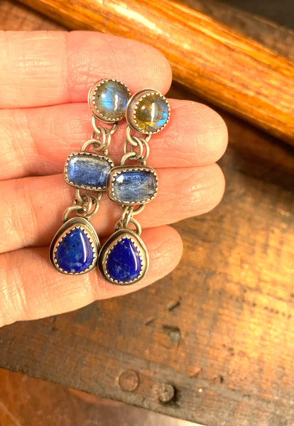 Triple stone earrings lapis blue kyanite labradorite