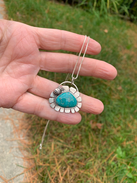 Kingman Turquoise flower and silver pendant