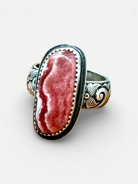 Rhodochrosite and silver ring