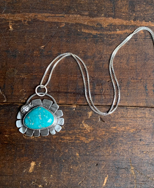Kingman Turquoise flower and silver pendant