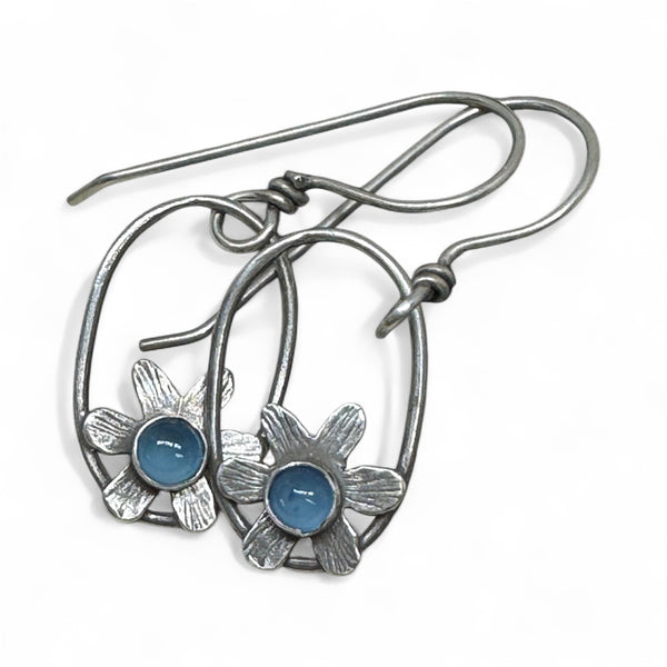 Blue chalcedony flower dangle earrings with silver circle