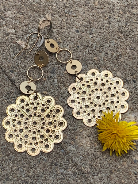 Big brass filigree with matte gold chain earrings