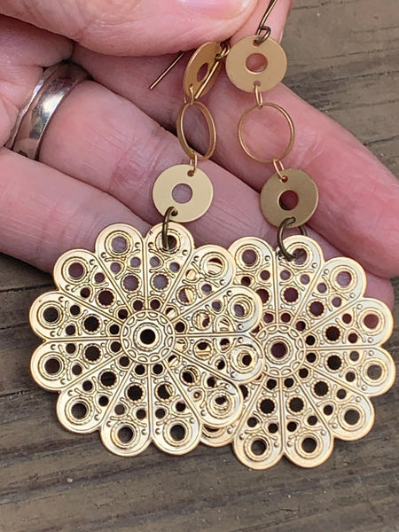 Big brass filigree with matte gold chain earrings